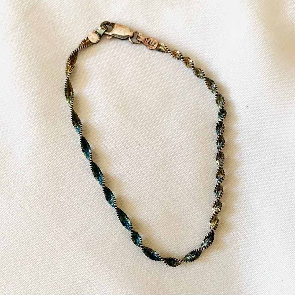 Women's Silver Tone Twisted Blue Crystal Italian 7" Fine Chain Bracelet